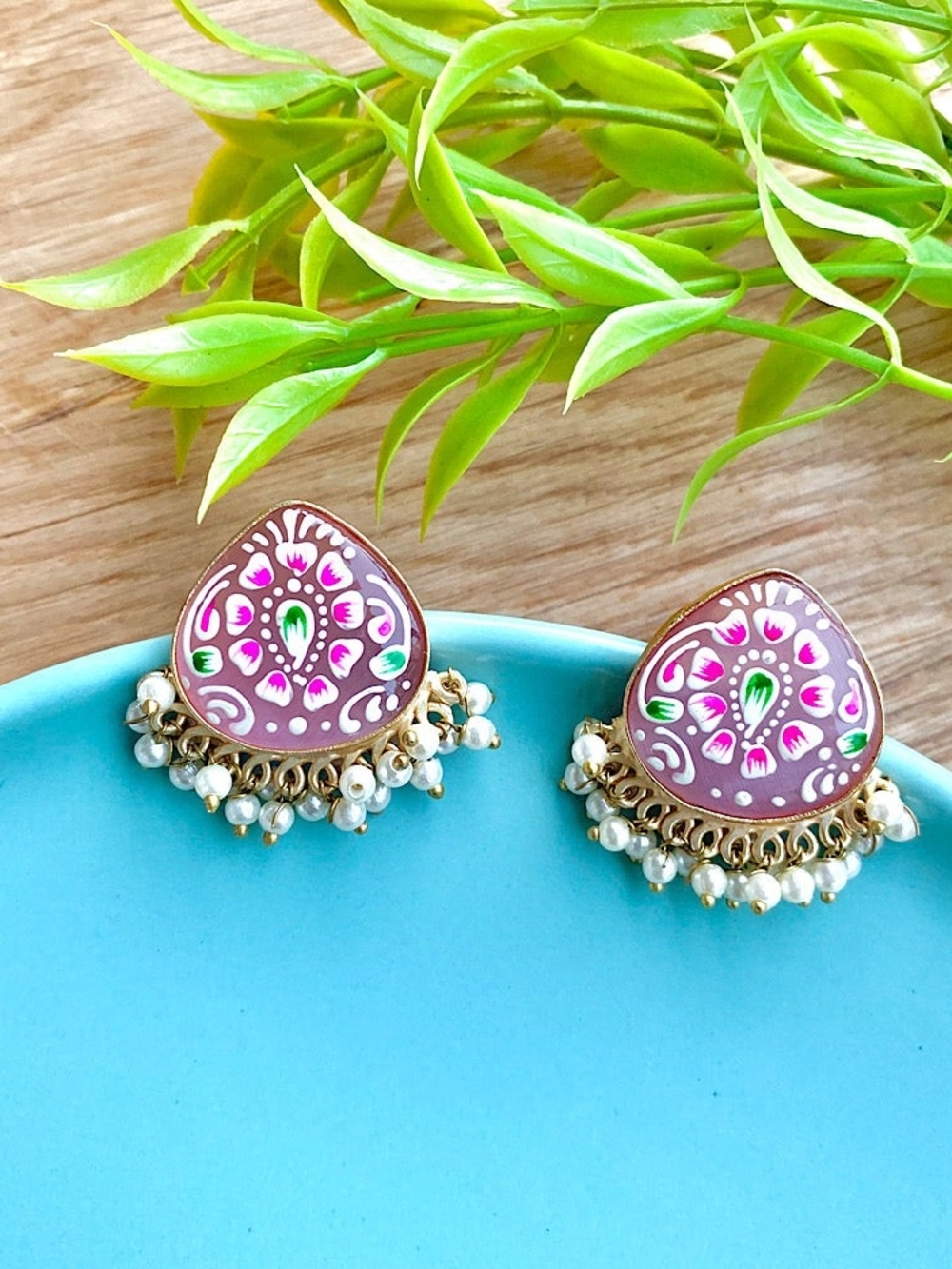 INDOLINDO Hand Painted Single Pink Stone Teardrop Pearl Fringe Earrings